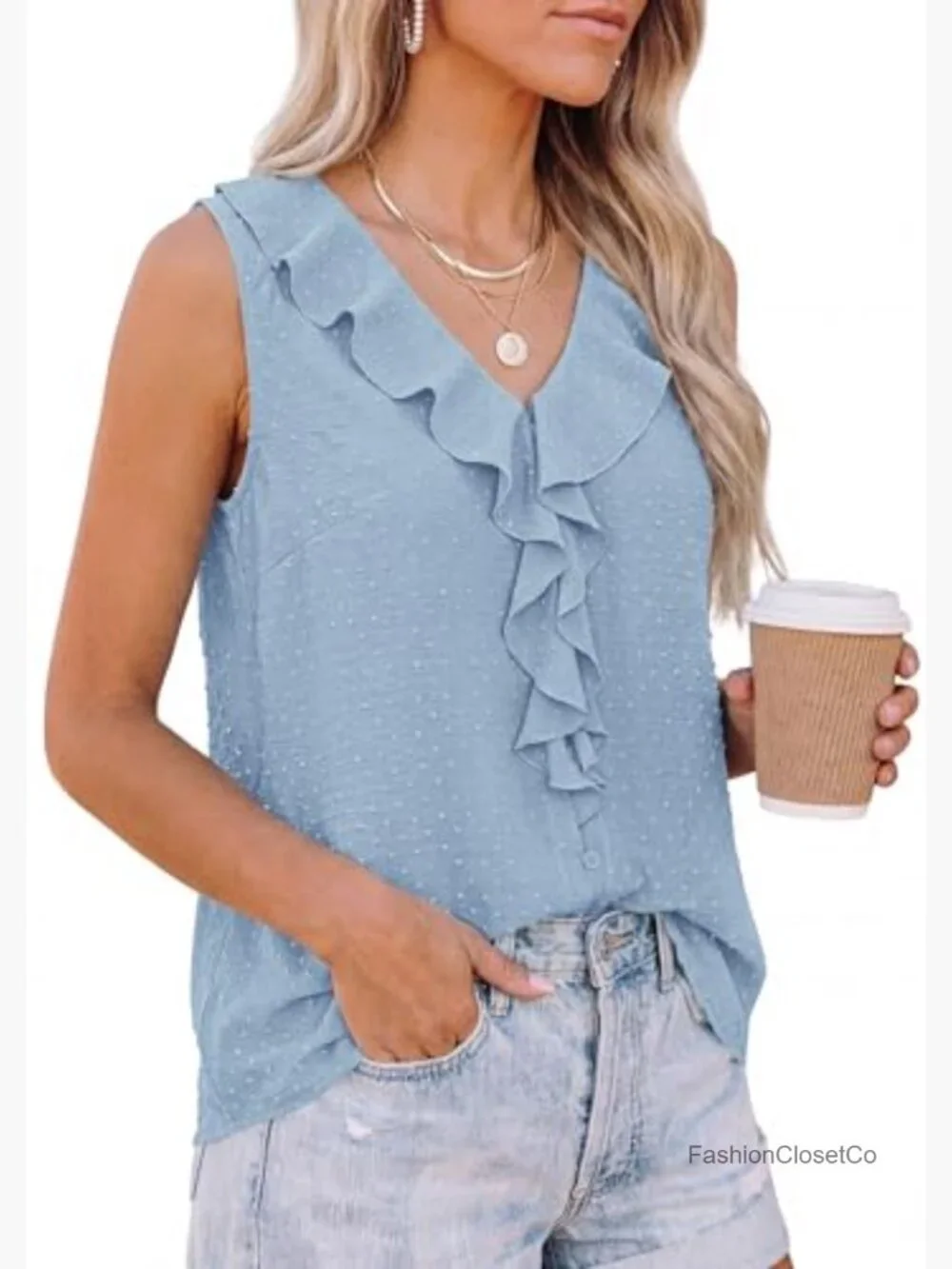 Ruffle Swiss Dot V-Neck Sleeveless Button Down Tank Top Blouse - Picture 4 of 7